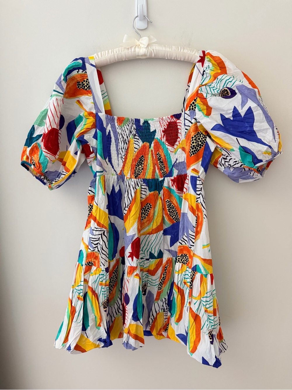 Oliphant Multi-Color bubble hem Puff Sleeve papaya Mini Dress S NEW - Picture 4 of 15